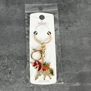 Mint Gold Tone Rhinestone Winged Unicorn Keychain Enamel Bag Charm New